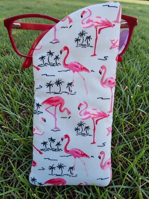 Green Pink Flamingo Glasses Case Lined & Padded 
