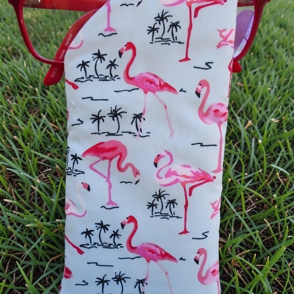 Green Pink Flamingo Glasses Case Lined & Padded 