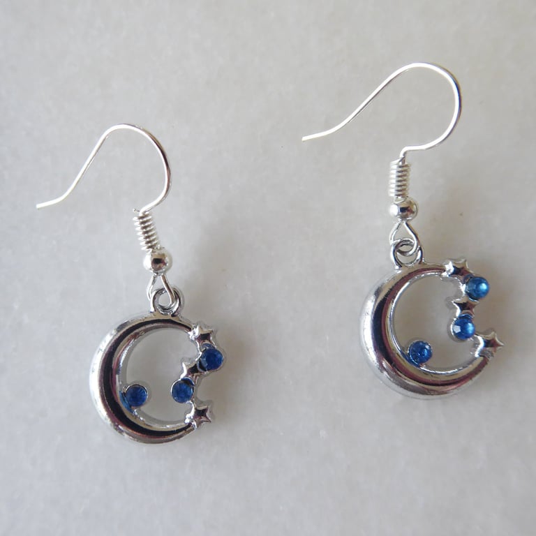 Moon and Stars Earrings with Blue Rhinestones and Silver plated Ear Wires