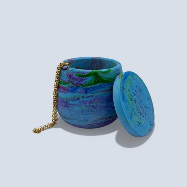 Blue Marbled Jewellery Box with Fitted Lid in Turquoise Aurora Colour