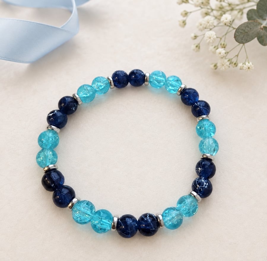 Navy Blue and Aqua Crackle-Effect Beaded Bracelet – Handmade Stretch Jewellery