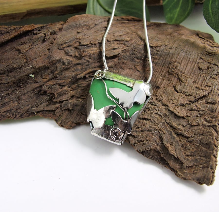 Sterling Silver Butterfly Pendant with Spring Green Howlite 