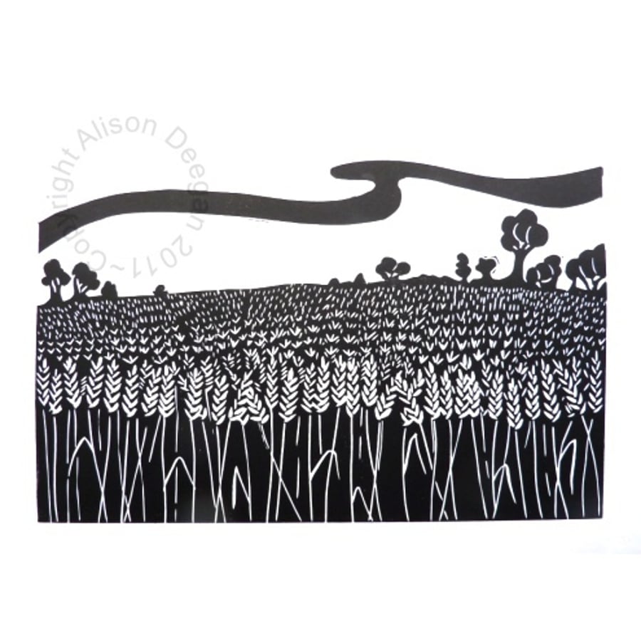 Original lino print Fields of wheat (monochrome)