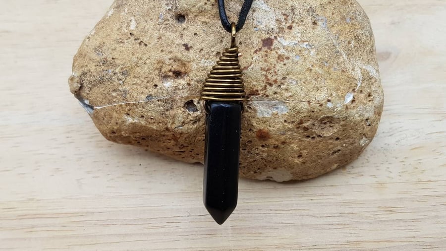 Mens Obsidian pendant. Black Reiki jewellery. Unisex Wire wrapped pendant