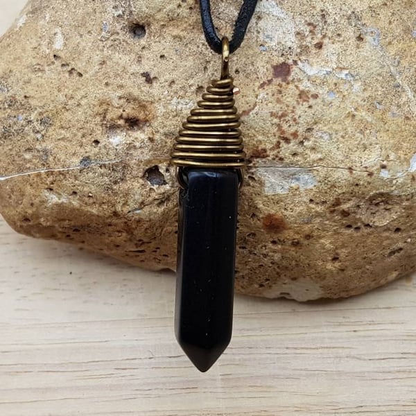 Mens Obsidian pendant. Black Reiki jewellery. Unisex Wire wrapped pendant