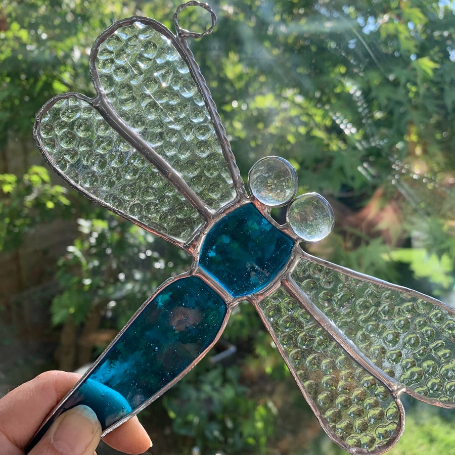 Stained Glass Dragonfly Suncatcher - Handmade Window Decoration - Dark Sky Blue