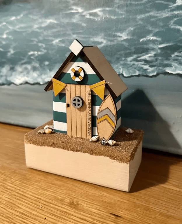 Handmade Wooden Blue Beach Hut Ornament with Sand and Seashells