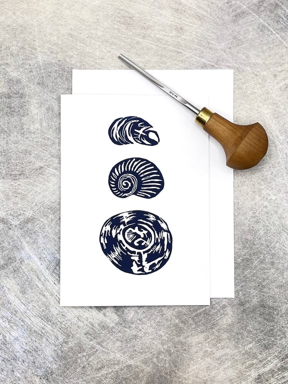 Triple Shell Lino Print Card, Blank Inside For Your Own Message