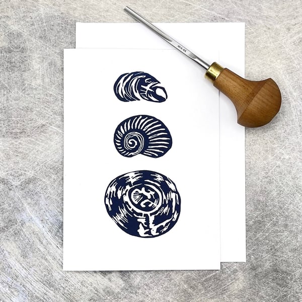 Triple Shell Lino Print Card, Blank Inside For Your Own Message