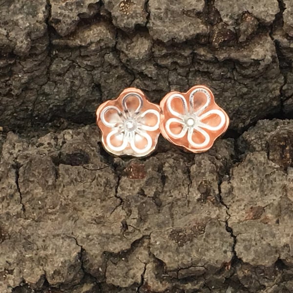 Silver Copper flower Stud Earrings - silver, handmade, metalsmith, daisy petal