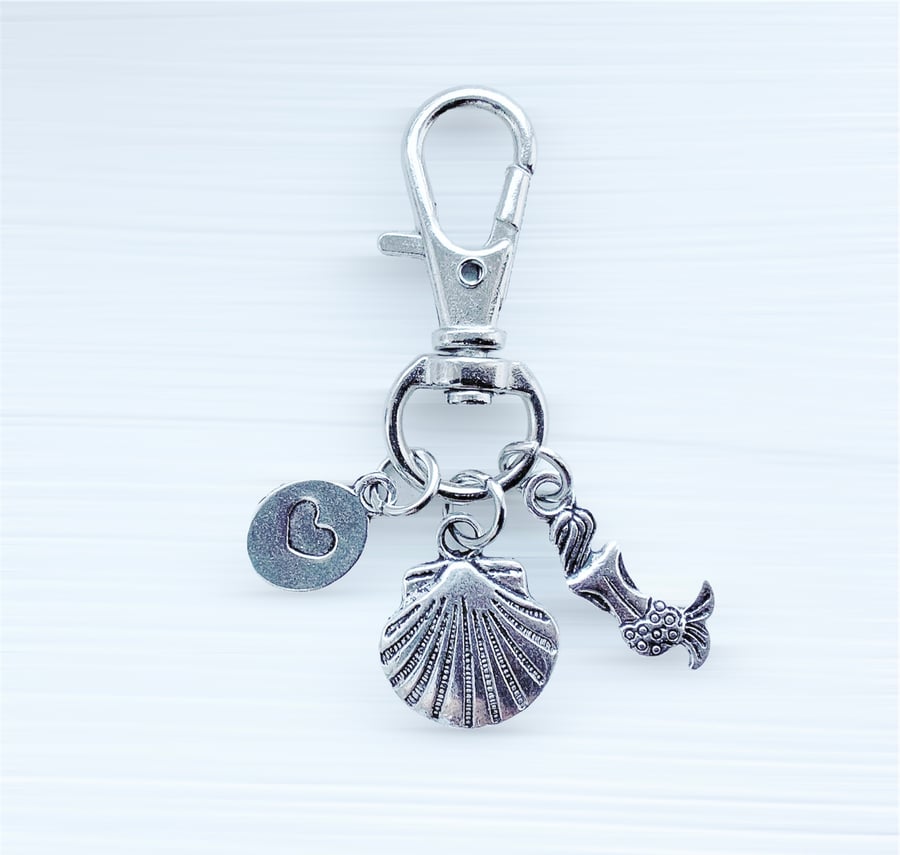 Beach Bag Charm. Metal Bag Charm. Charms. Shells. Mermaids. Hearts.