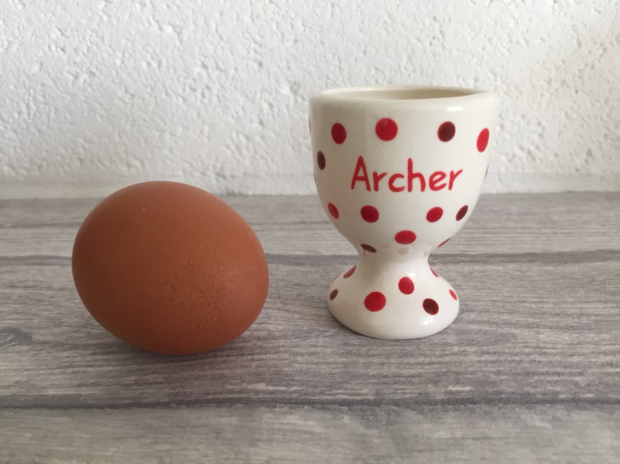 Personalised egg cup, ceramic, handmade, dotty design, egg holder, children's