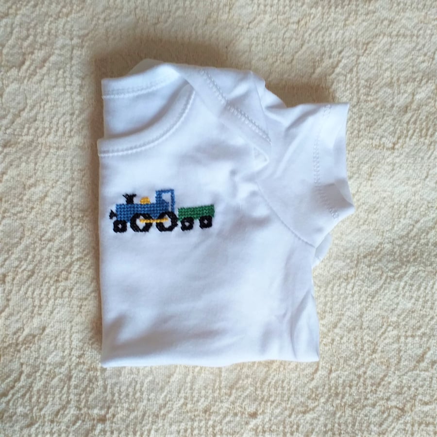 Train, vest, age 0-3 months, hand embroidered