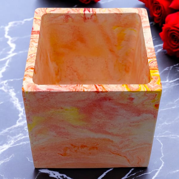 Sunrise Coloured Plant Pot Cube - Red Orange and Yellow Marbled Planter  (CPP13)