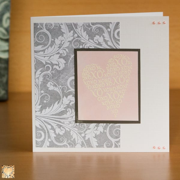 Handmade Anniversary Card Heart XOXO Pink and Grey