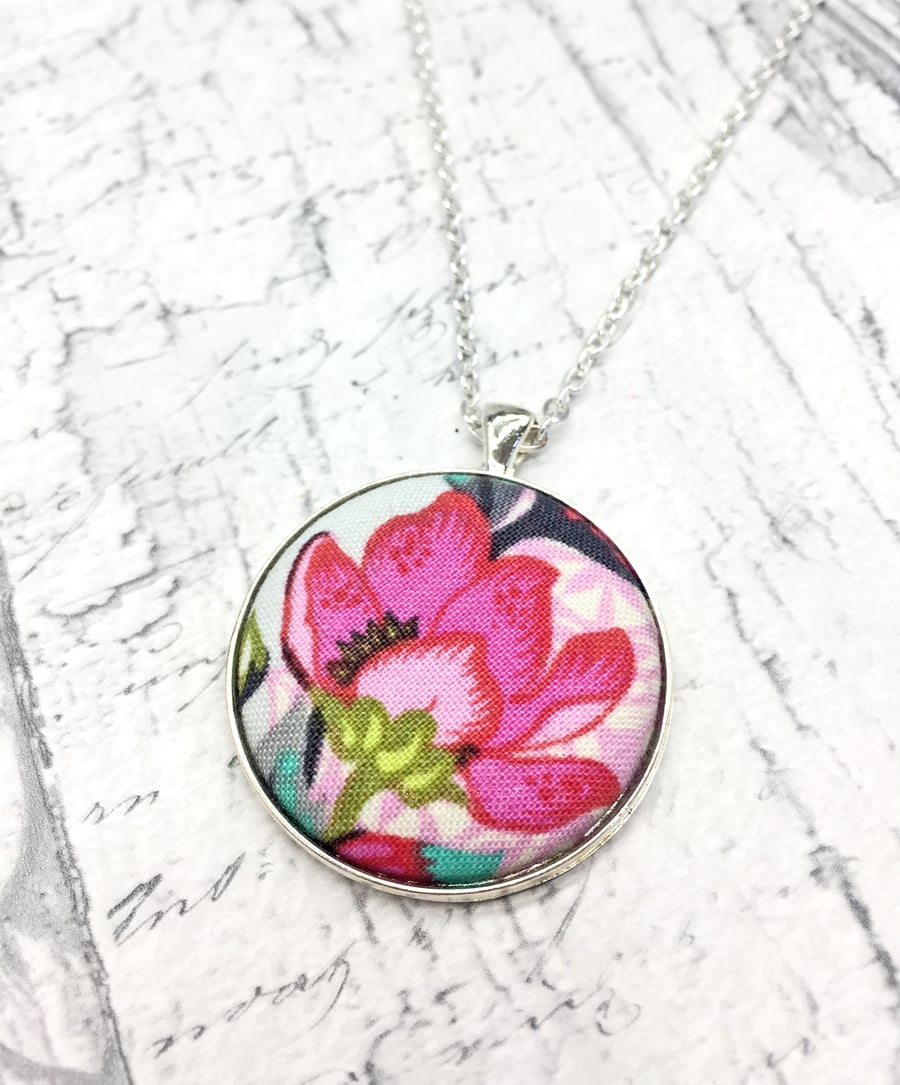 Bright Pink statement retro style flower fabric button pendant silver plated