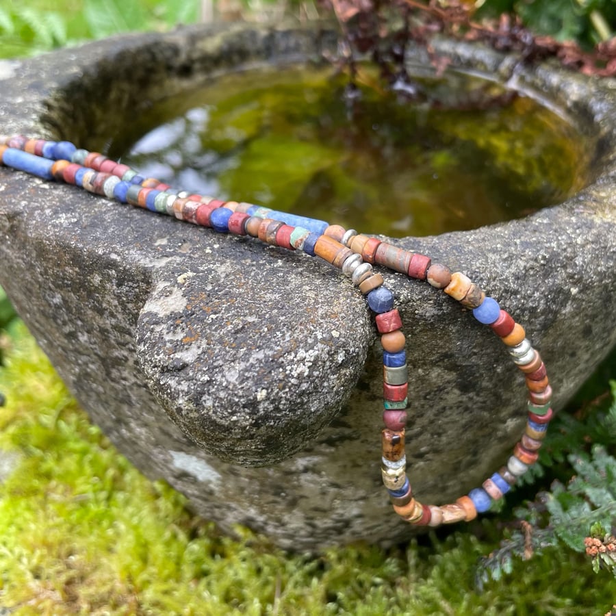 Jasper silver and 18ct gold necklace, autumn colours, adjustable length