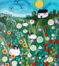 Whimsical Landscape Painting Folk Art, Countryside Artwork with Sheep and Meadow - Image 10