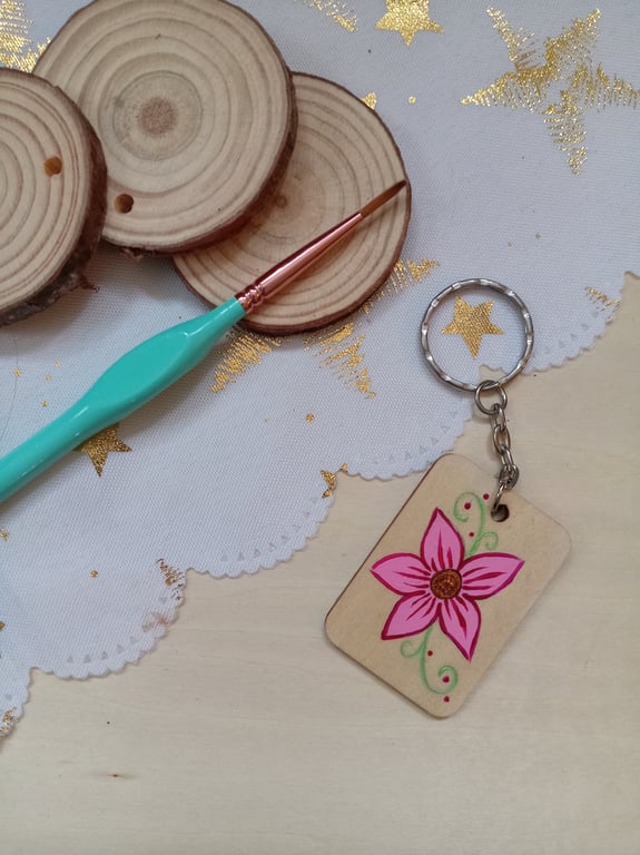 Wooden rectangular pink flower Keyring 