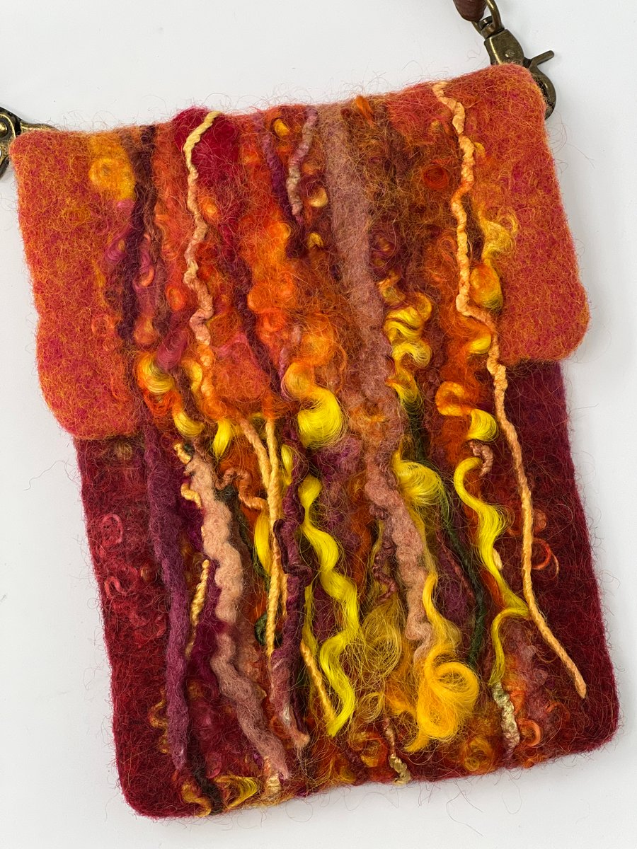 Fringed Cross Body Bag, Red, Orange and Yellow Felt 