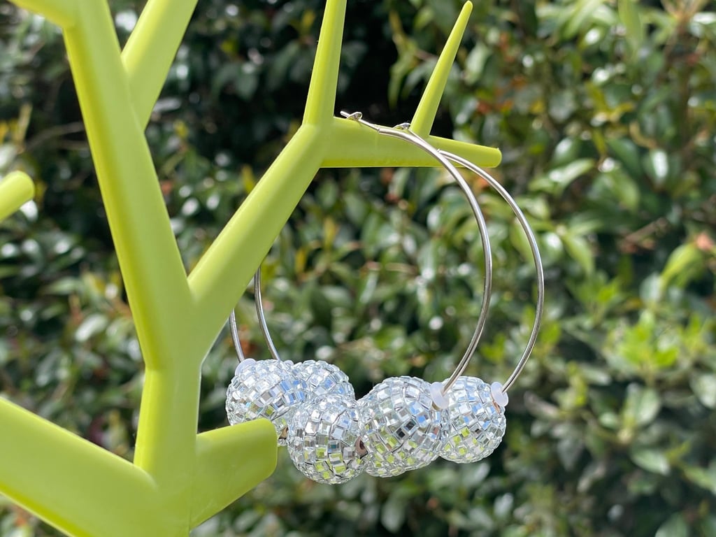 Extra large light disco ball hoop earrings statement festival 