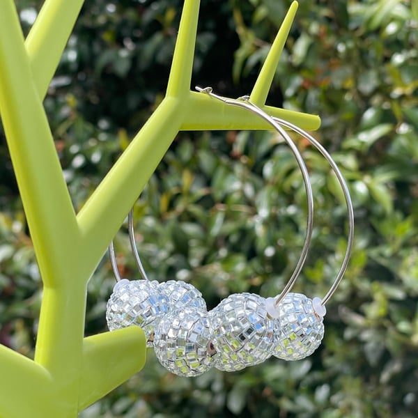 Extra large light disco ball hoop earrings statement festival 