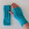 Fingerless Gloves Mittens Wrist Warmers in Turquoise Aran Wool