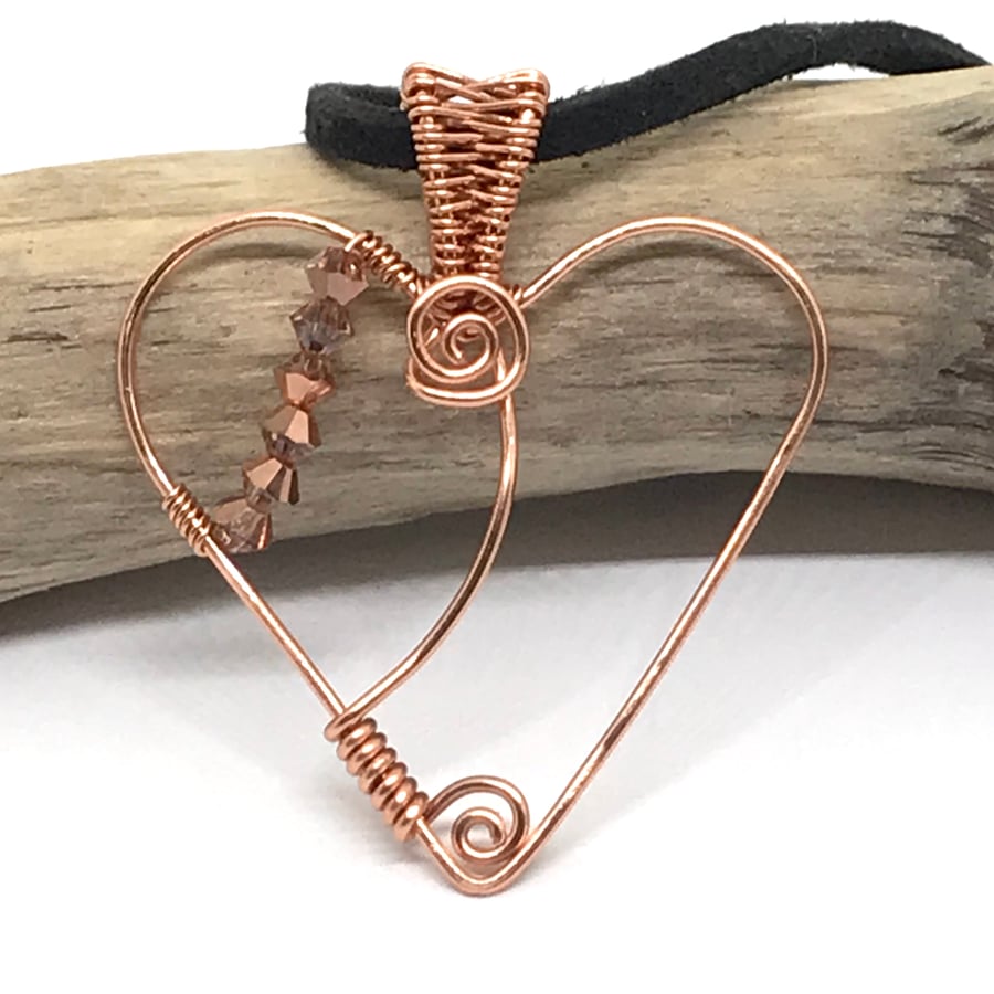 Copper Heart Pendant Necklace with Crystals