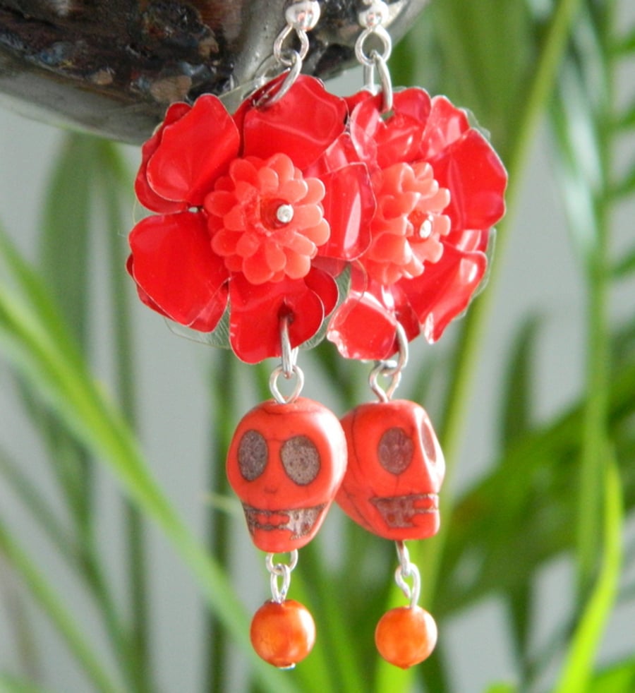 Tangerine dream Mexican day of the dead sugar skull flower earrings upcycled