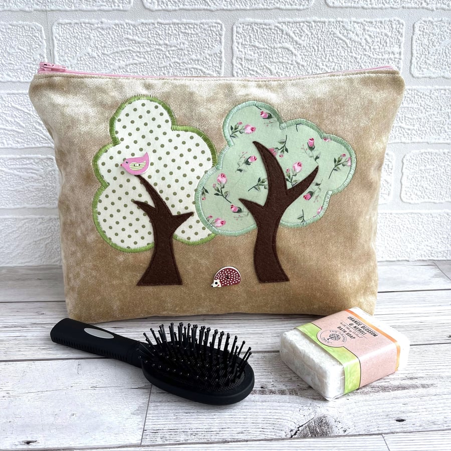 Woodland Toiletry Bag with Trees, Hedgehog and Bird