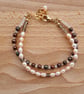 Double Strand Bracelet - Peach and Brown Pearls with Quartz - Adjustable Clasp - Image 4