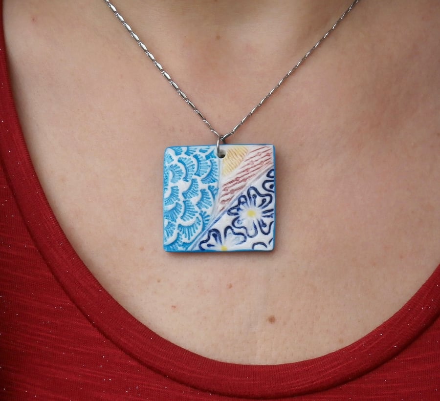 Square pendant with flowers on stainless steel chain, Doodles pendant, 1LL