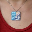 Square pendant with flowers on stainless steel chain, Doodles pendant, 1LL