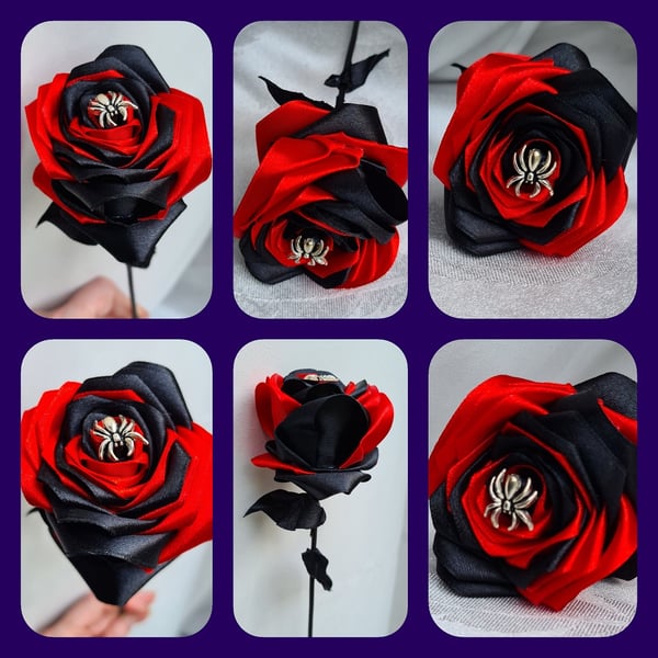 Spooky Black & Red Widow Ribbon Rose - Long Stem Artificial Forever Flower