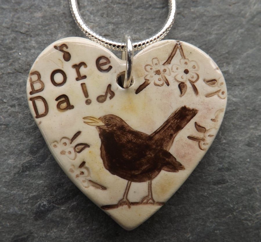 Handmade Ceramic Bore Da Blackbird heart pendant