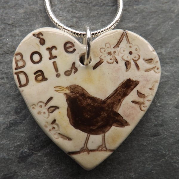 Handmade Ceramic Bore Da Blackbird heart pendant