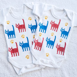 Hand printed cat design babygro sleepsuit romper babygrow onesie wood block     