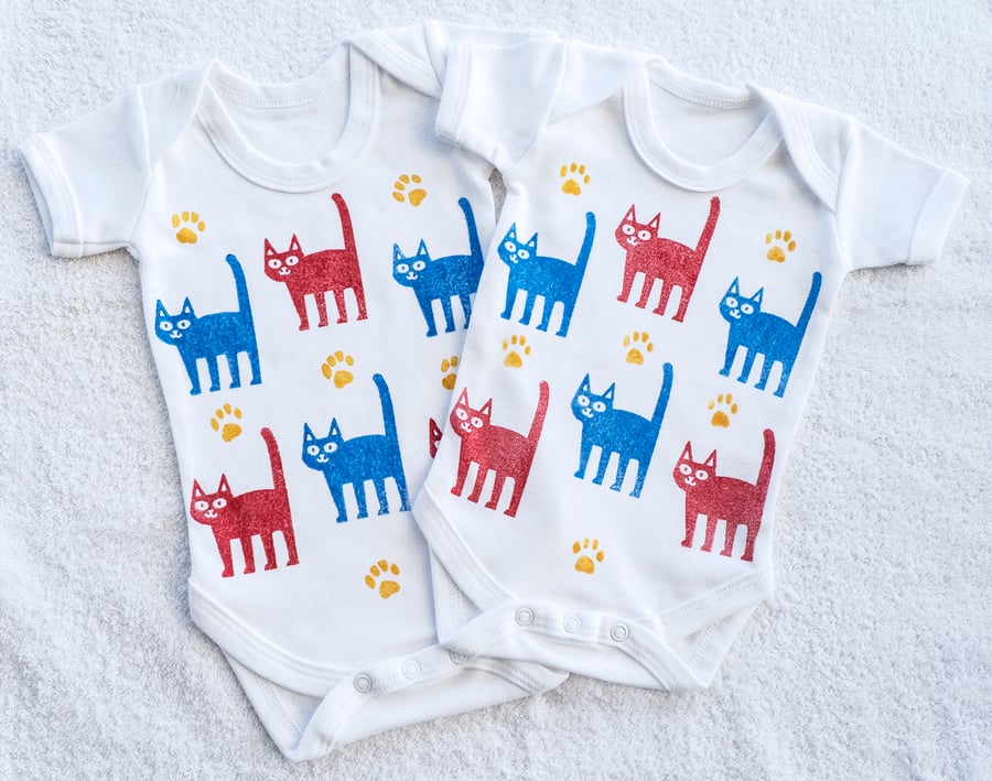 Hand printed cat design babygro sleepsuit romper babygrow onesie wood block     