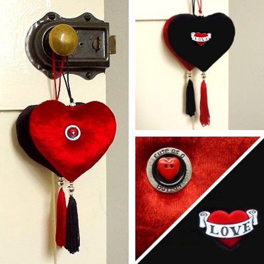Luxury velvet hanging heart with silver-plated beads, buttons & a tassel