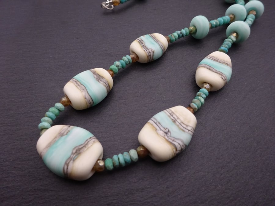 lampwork glass green and ivory beach beaded necklace