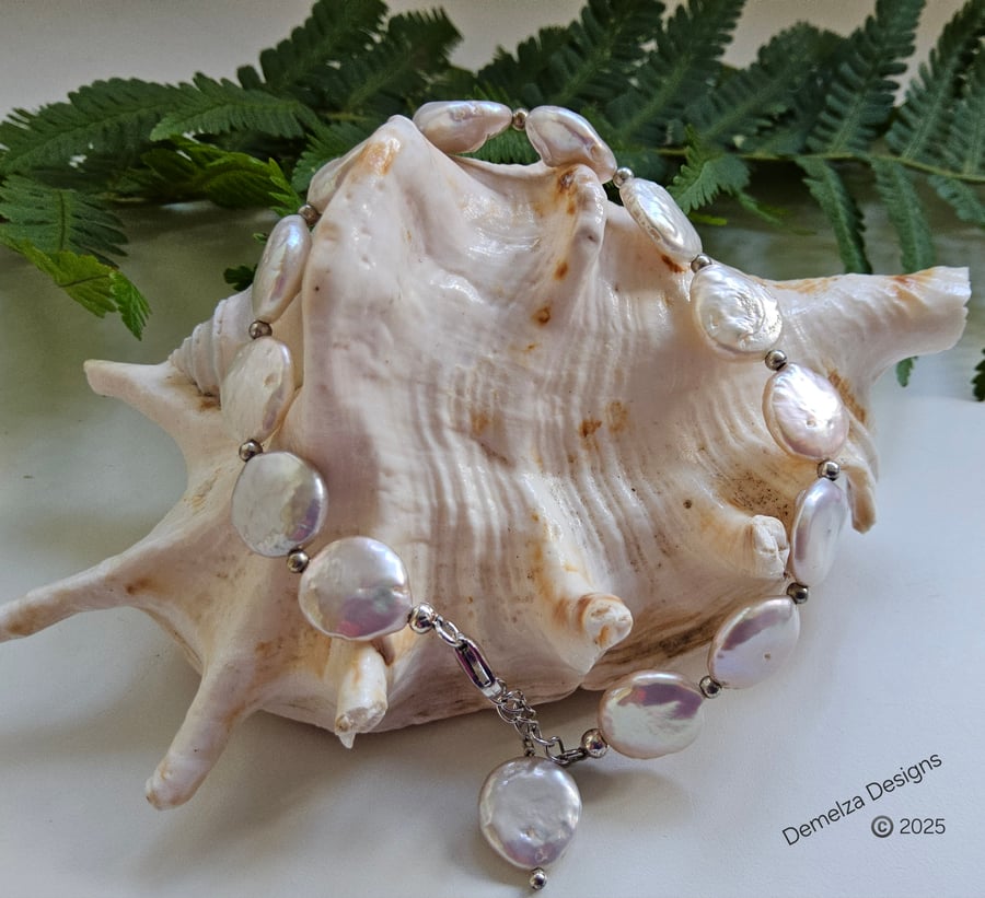 Large Baroque Coin Freshwater Culture Pearl Sterling Silver Bracelet