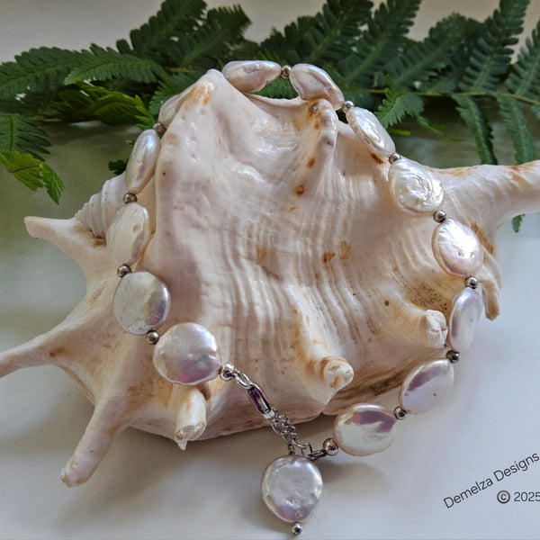 Large Baroque Coin Freshwater Culture Pearl Sterling Silver Bracelet