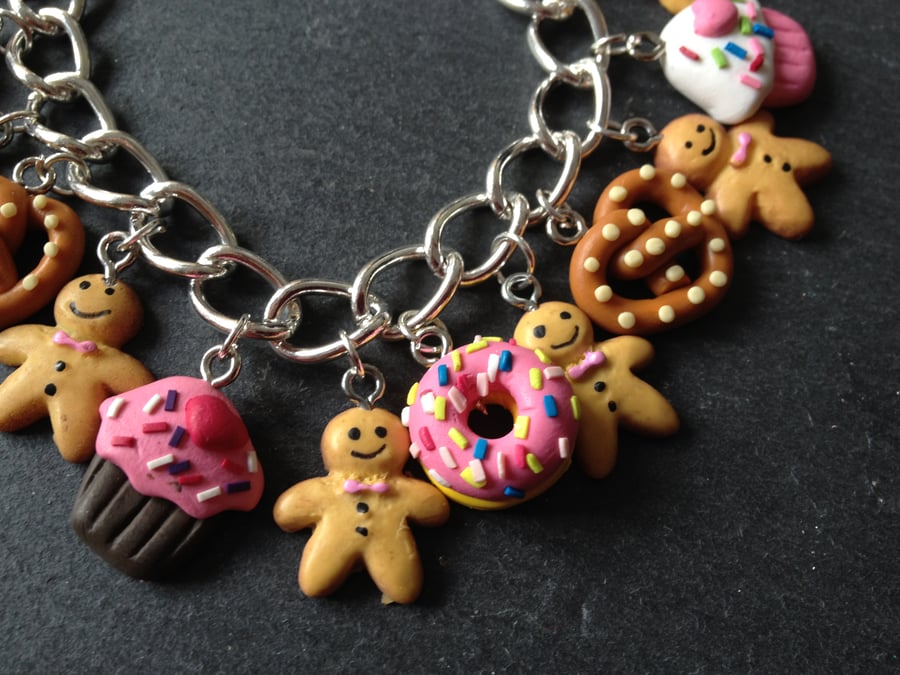 Kitsch Gingerbread Man Fimo Charm Bracelet:  Cupcakes & Donuts