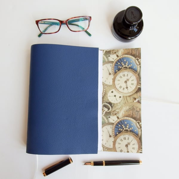 Pocket Watch Journal, Blue Leather, Fathers Day Gift, Sketchbook, A5
