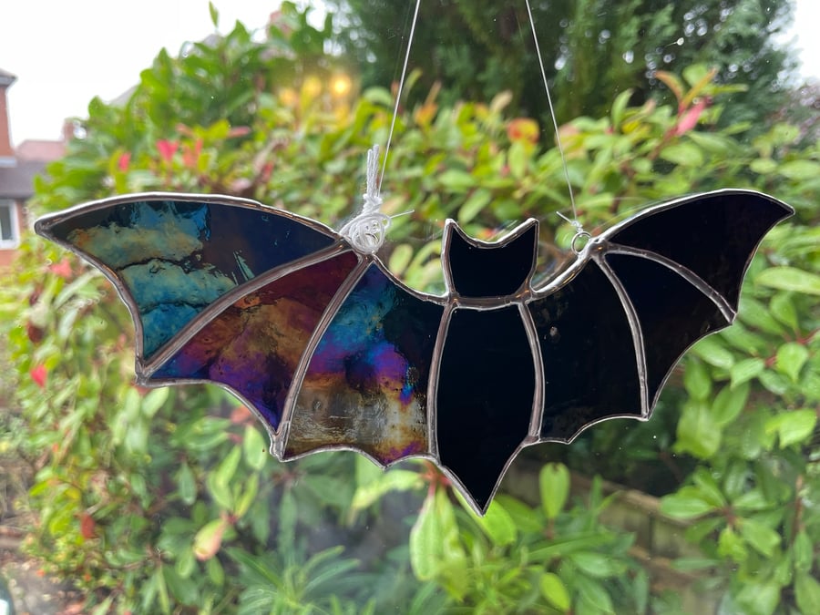 Opaque black iridescent stained glass bat