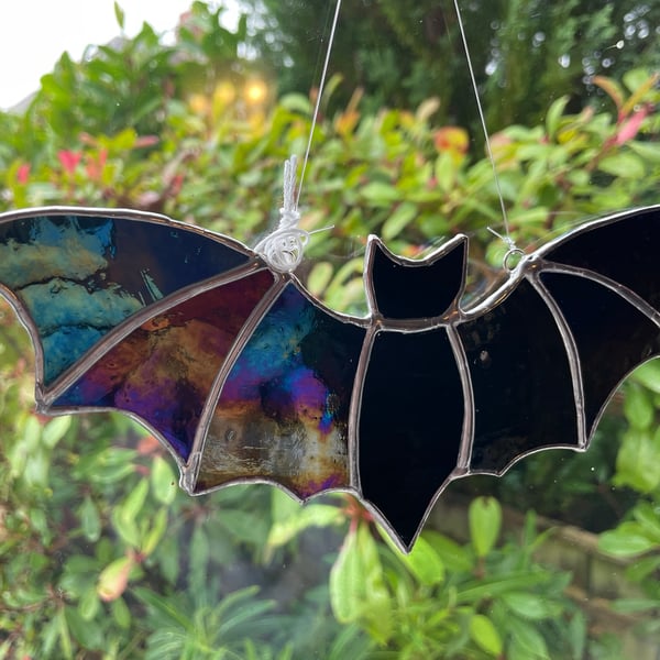 Opaque black iridescent stained glass bat