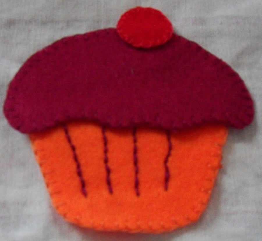 Homemade felt cupcake embellishment. Red icing, Orange cake. Free postage