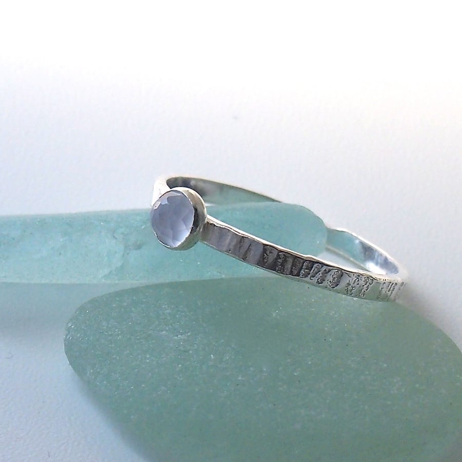 Textured Silver Ring with Rose cut Blue Chalcedony