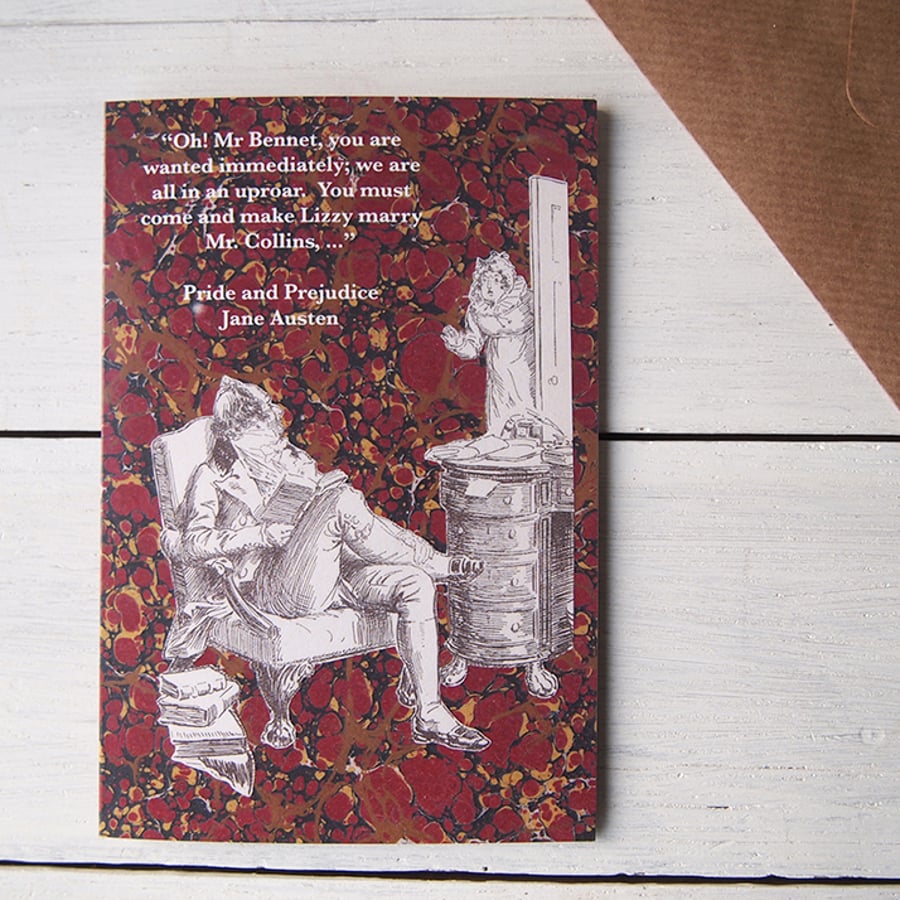 Pride & Prejudice Jane Austen greetings card Oh! Mr Bennet deep red gold marbled