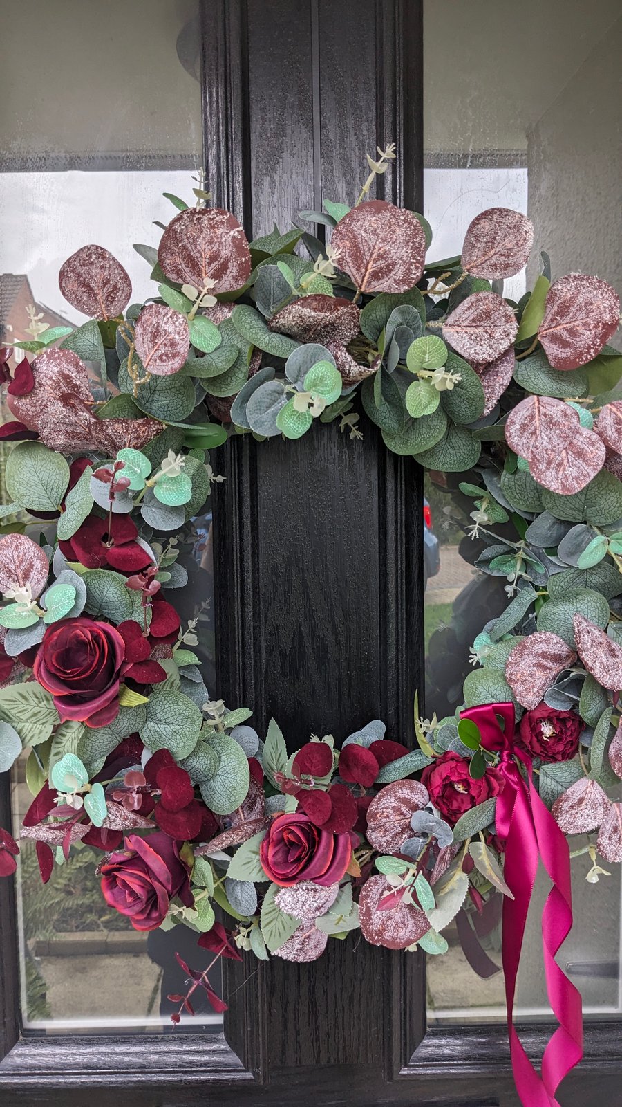 50cm Large Festive Floral Door Wreath Claret Rose